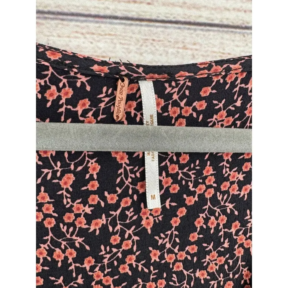 Free People V-Neck Floral Tie Front Mini‎ Dress Women's Size Medium Black/Pink